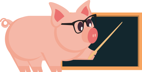 Cartoon of pig pointing at a black board